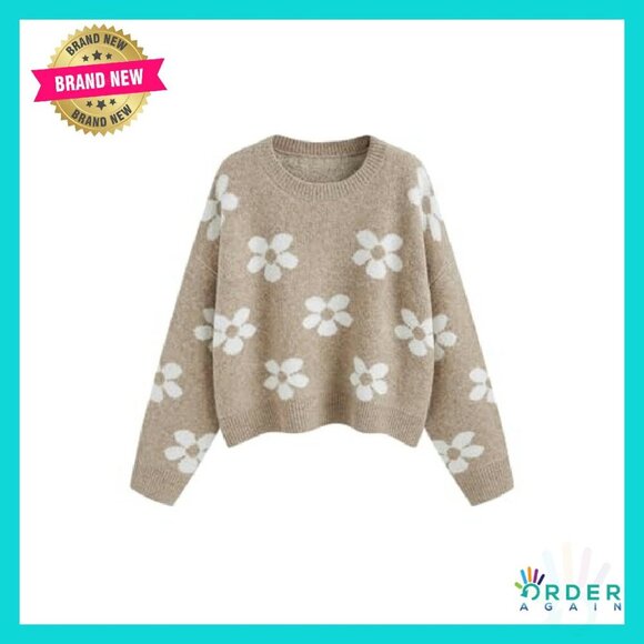 Floral Knit Pullover Sweater Long Sleeve Cozy Fall Fashion Casual Wear - Picture 2 of 7